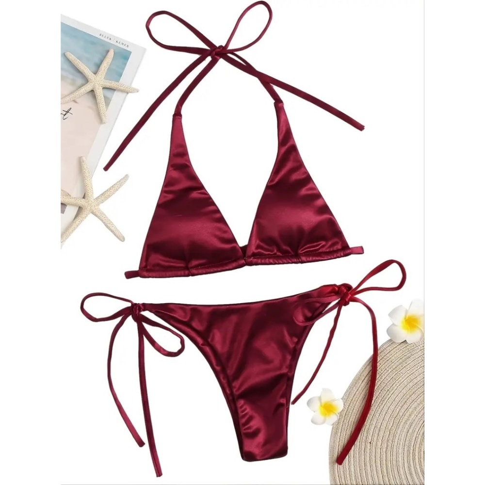BNWT Isabelle LaRue Burgundy Red Satin String Tie Bikini